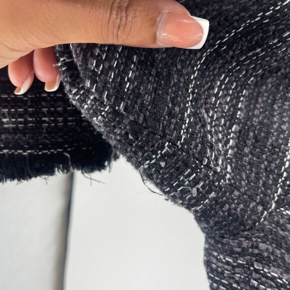 Adrienne Vittadini Women’s Medium Black White Open Front Tweed Fringe Blazer - Picture 13 of 14